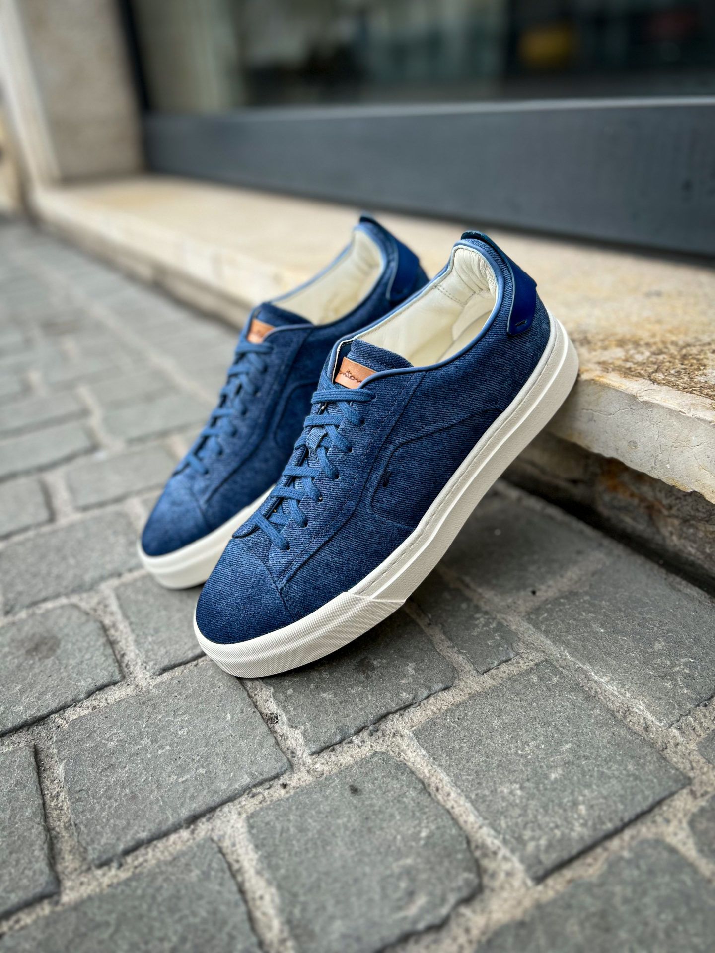 Santoni Denim Blue Suede Trainer